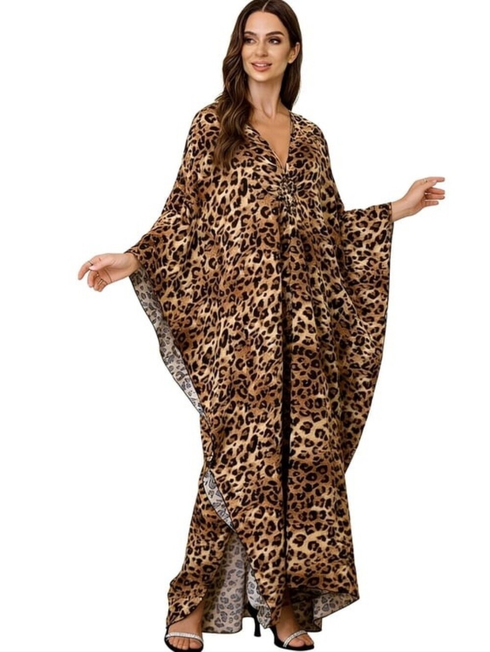 Kaftan Dress Plus Size V-Neck Batwing Sleeves Beach Cover Up Summer Leopard